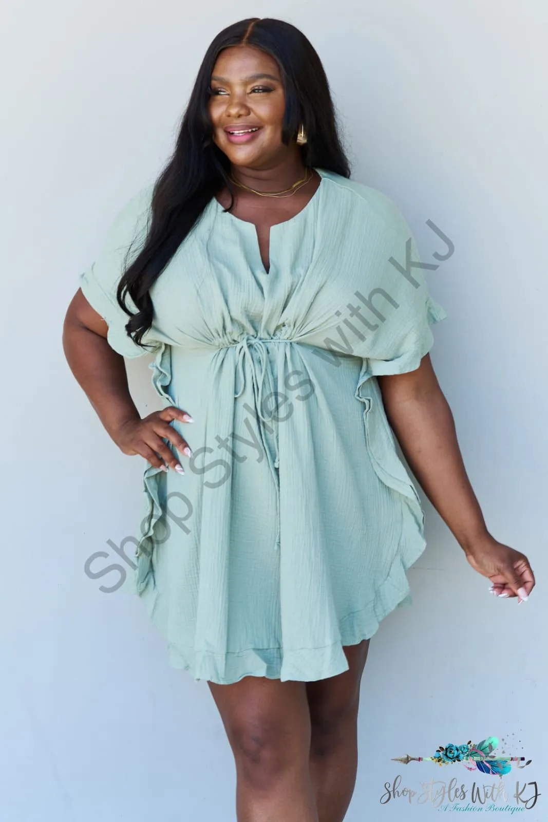 Out Of Time Ruffle Hem Dress with Drawstring Waistband in Light Sage