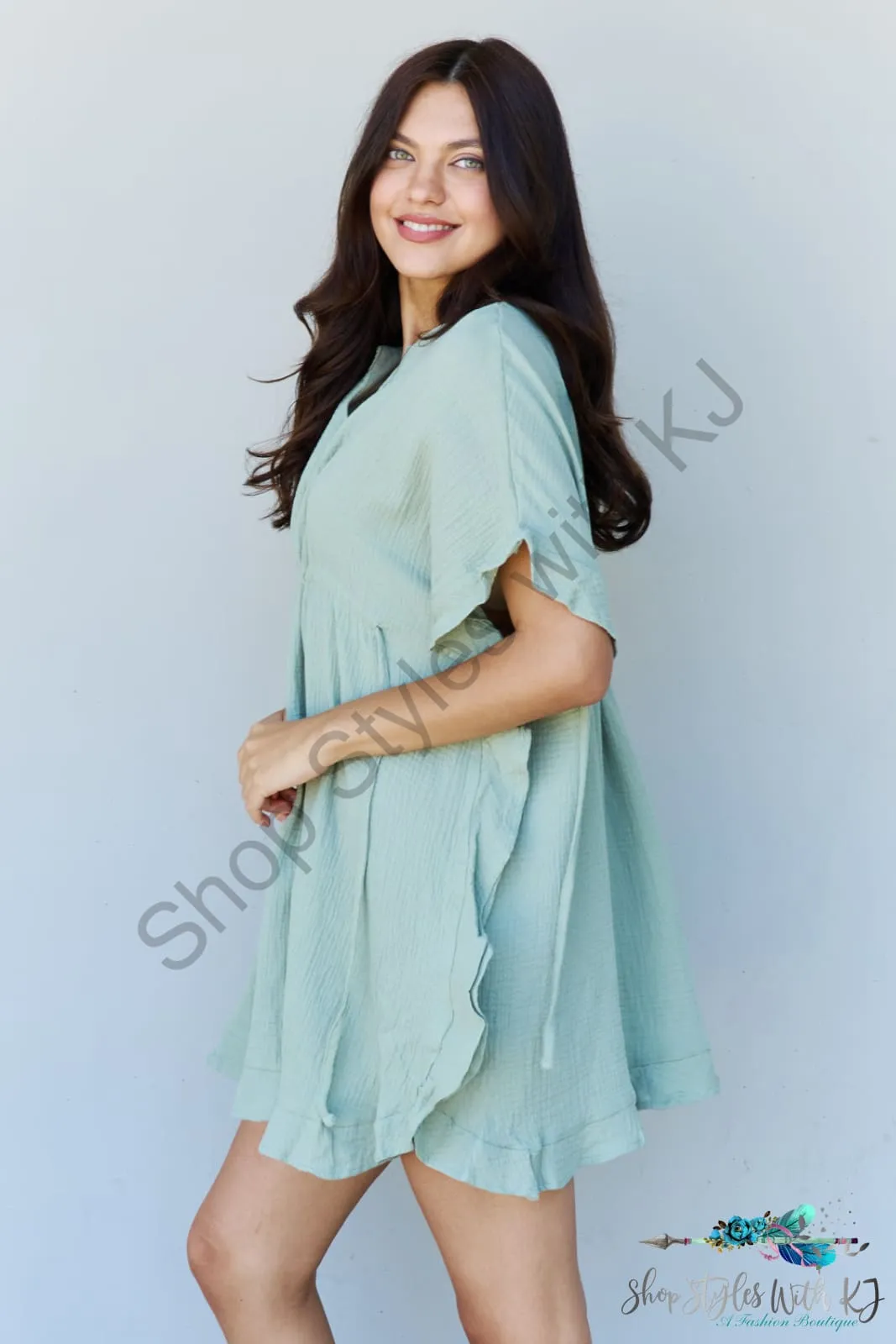 Out Of Time Ruffle Hem Dress with Drawstring Waistband in Light Sage