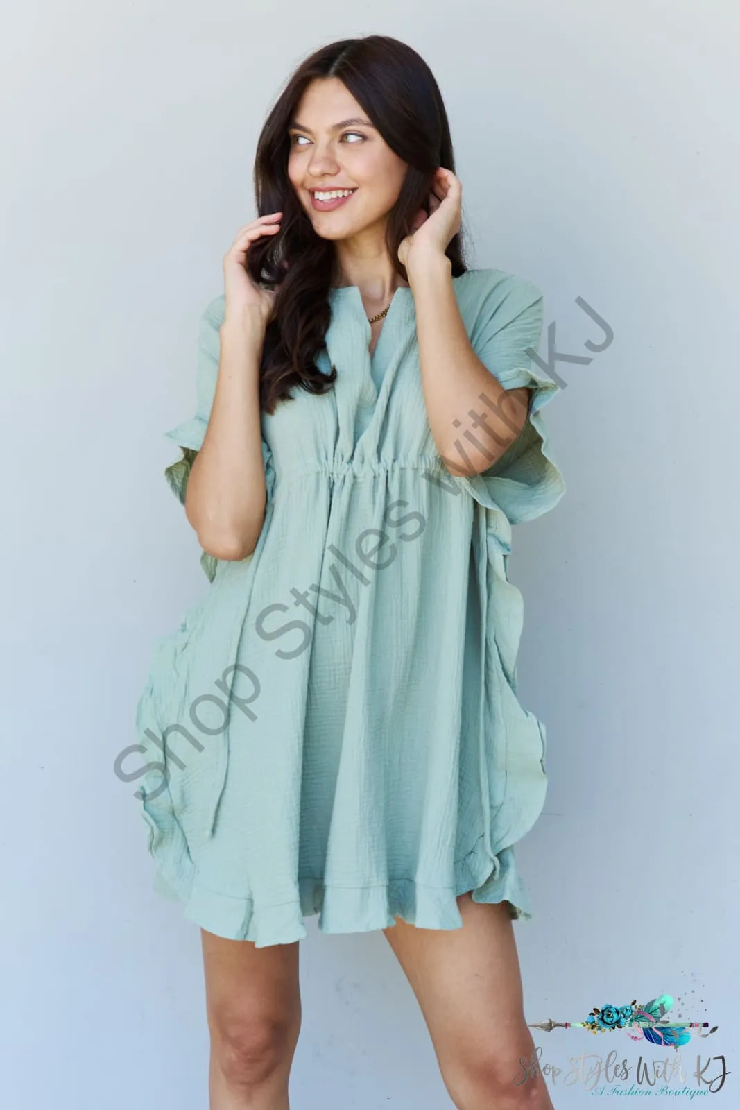 Out Of Time Ruffle Hem Dress with Drawstring Waistband in Light Sage