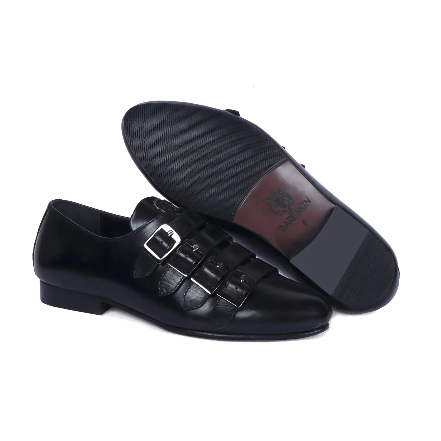 Parallel Monk Straps Light Weight Rubberised Black Genuine Leather Sneakers Shoes by Brune & Bareskin