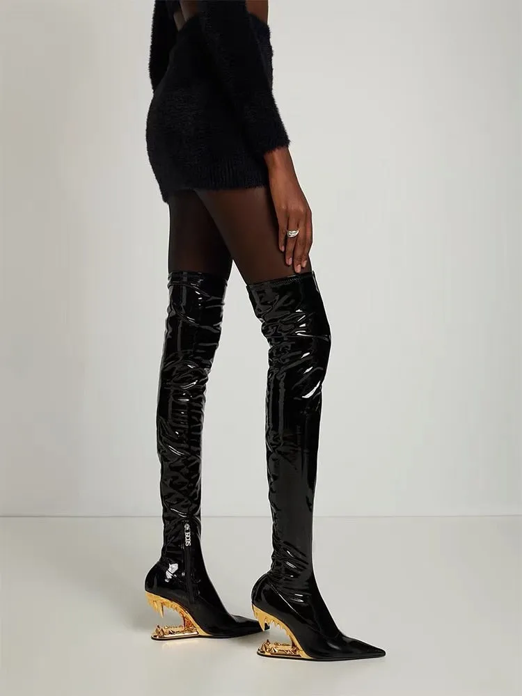 Pointed Toe Over-the-Knee Boots with Teeth Shape Heels