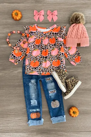 "It's Fall Y'all" Leopard Pumpkin Denim Pant Set