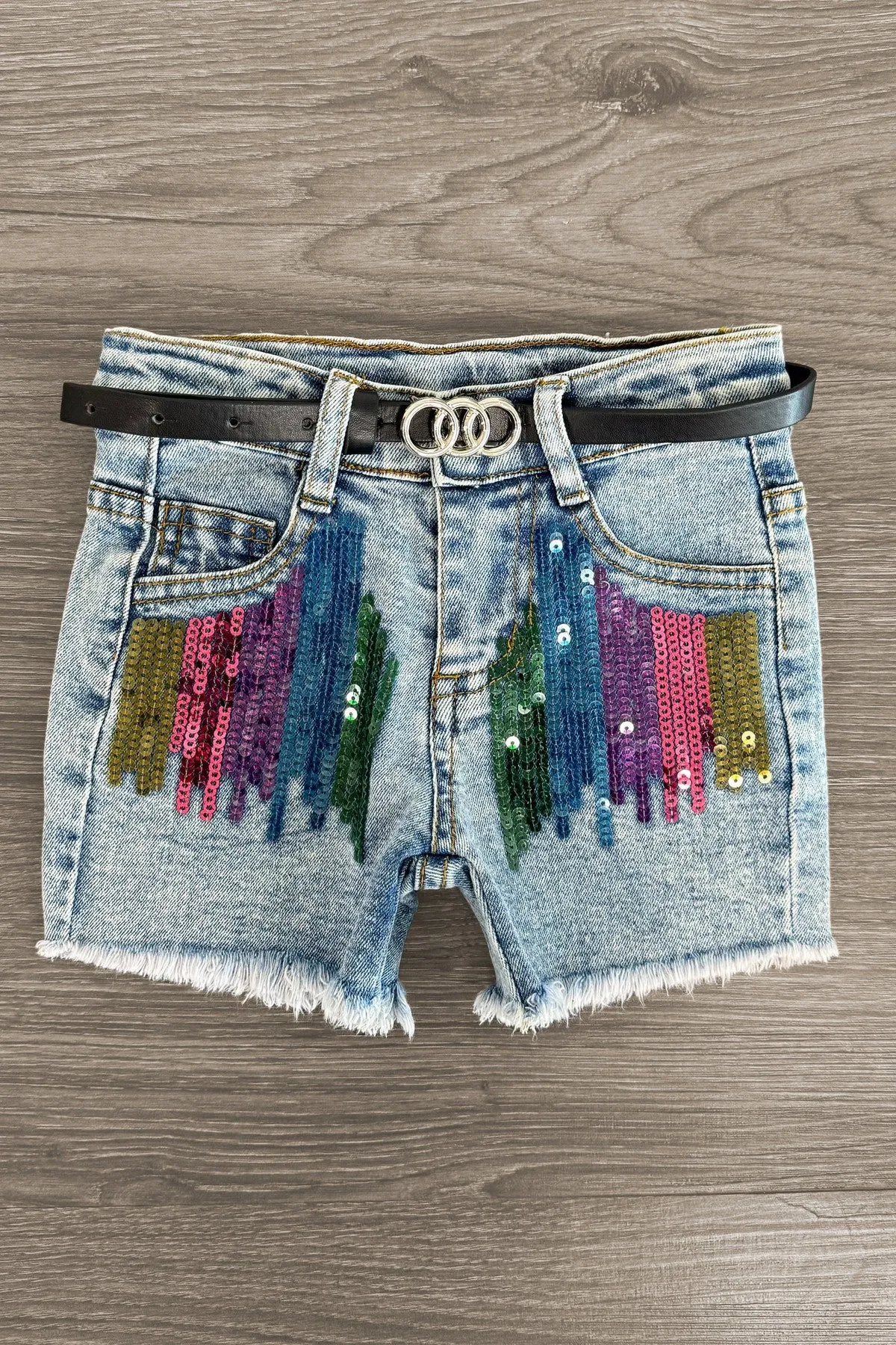 "Learn" Rainbow Sequin Denim Short Set