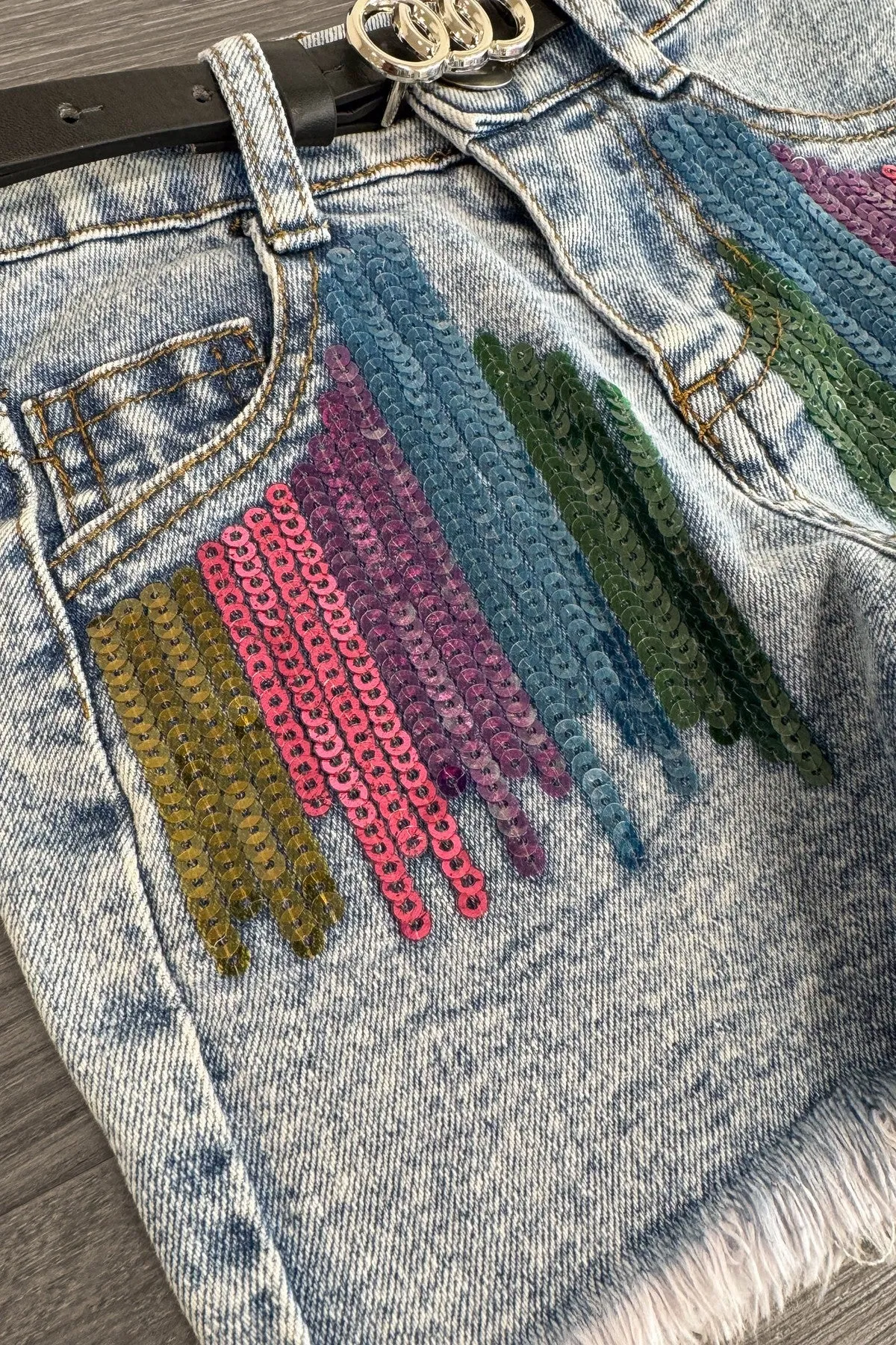 "Learn" Rainbow Sequin Denim Short Set