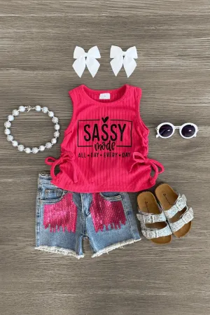 "Sassy Mode" Pink Denim Short Set