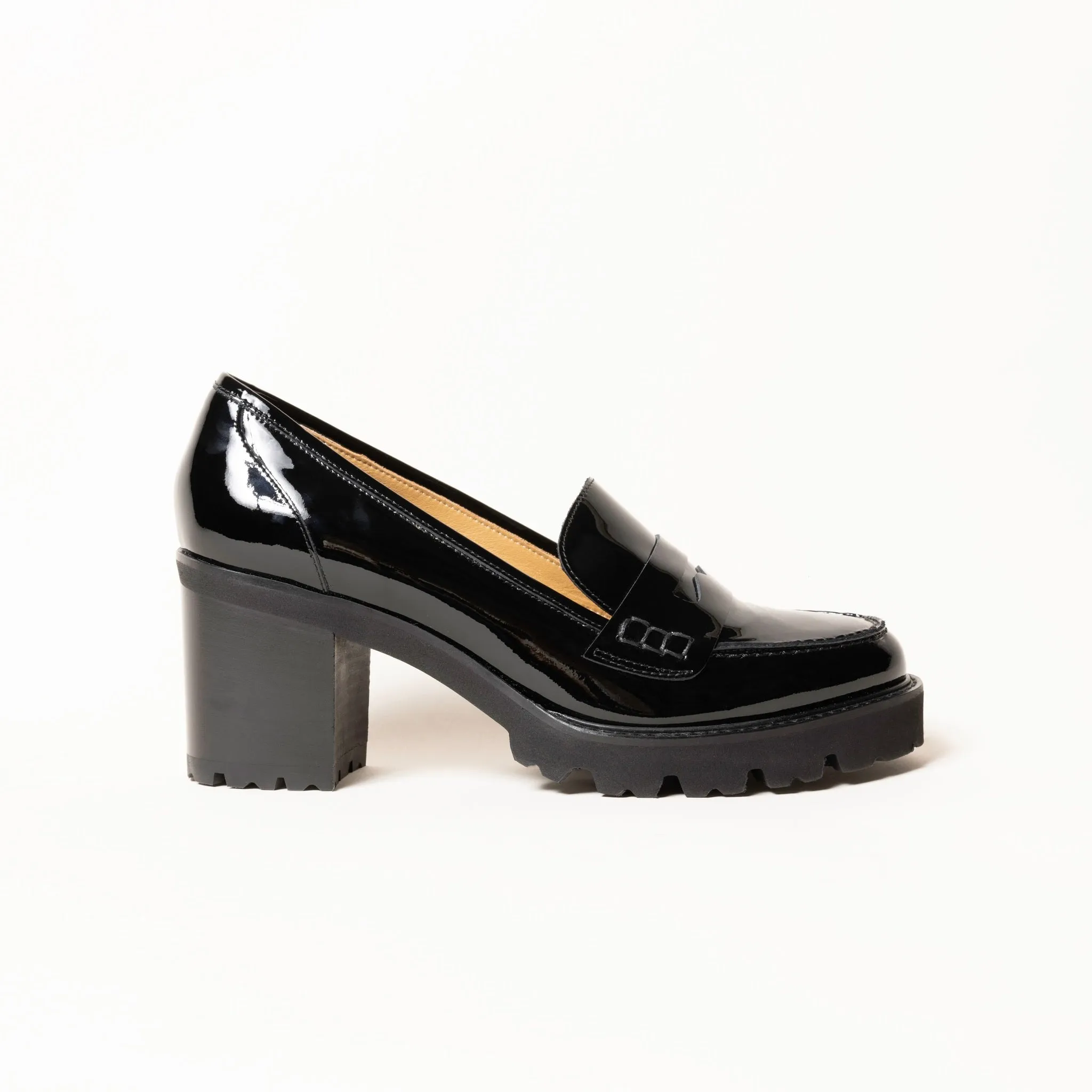 Rubber Heeled Loafer Pumps in Black Patent