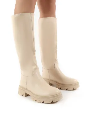 Sabrina Beige Knee High Chunky Sole Boots