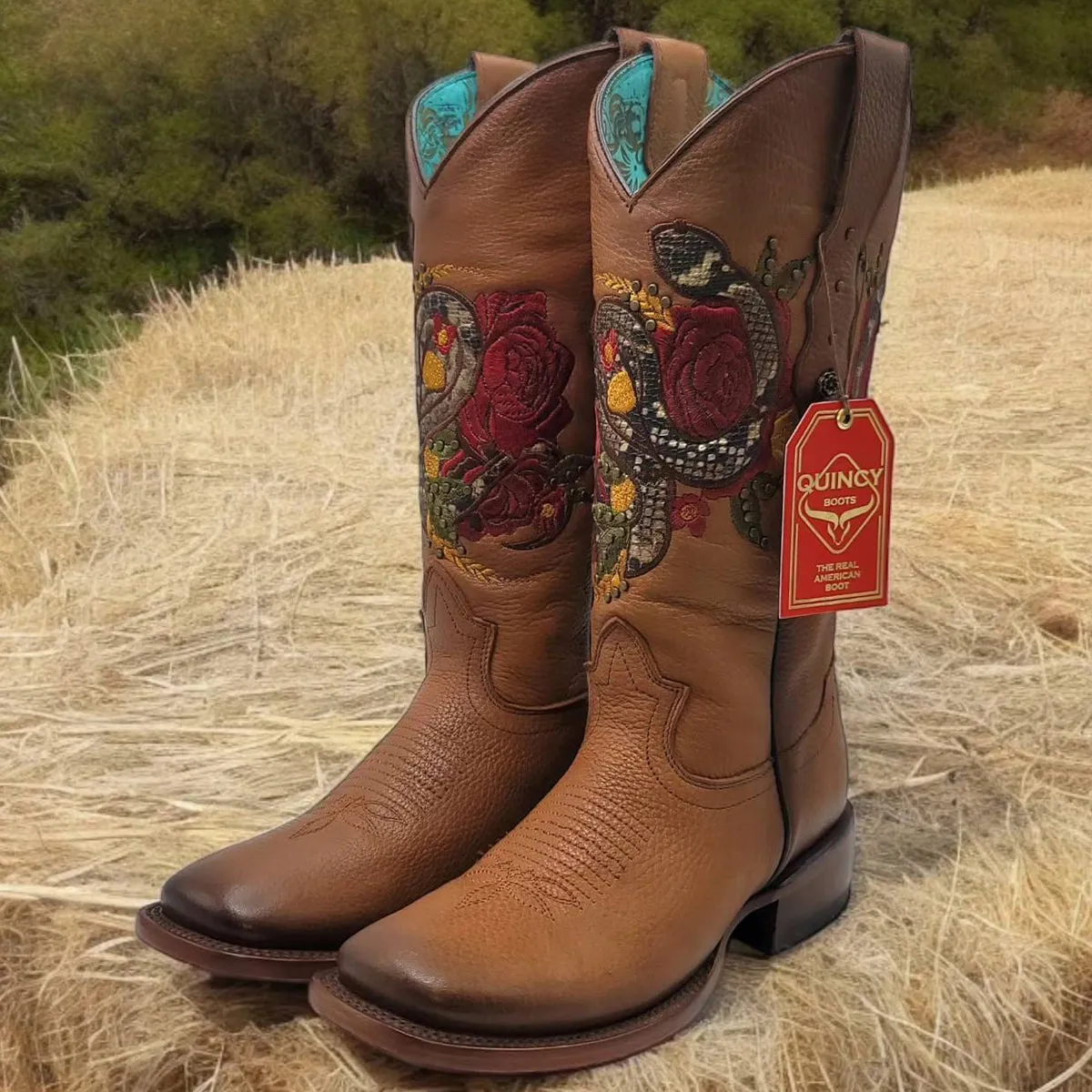 Snake On Red Rose Cowgirl Boots