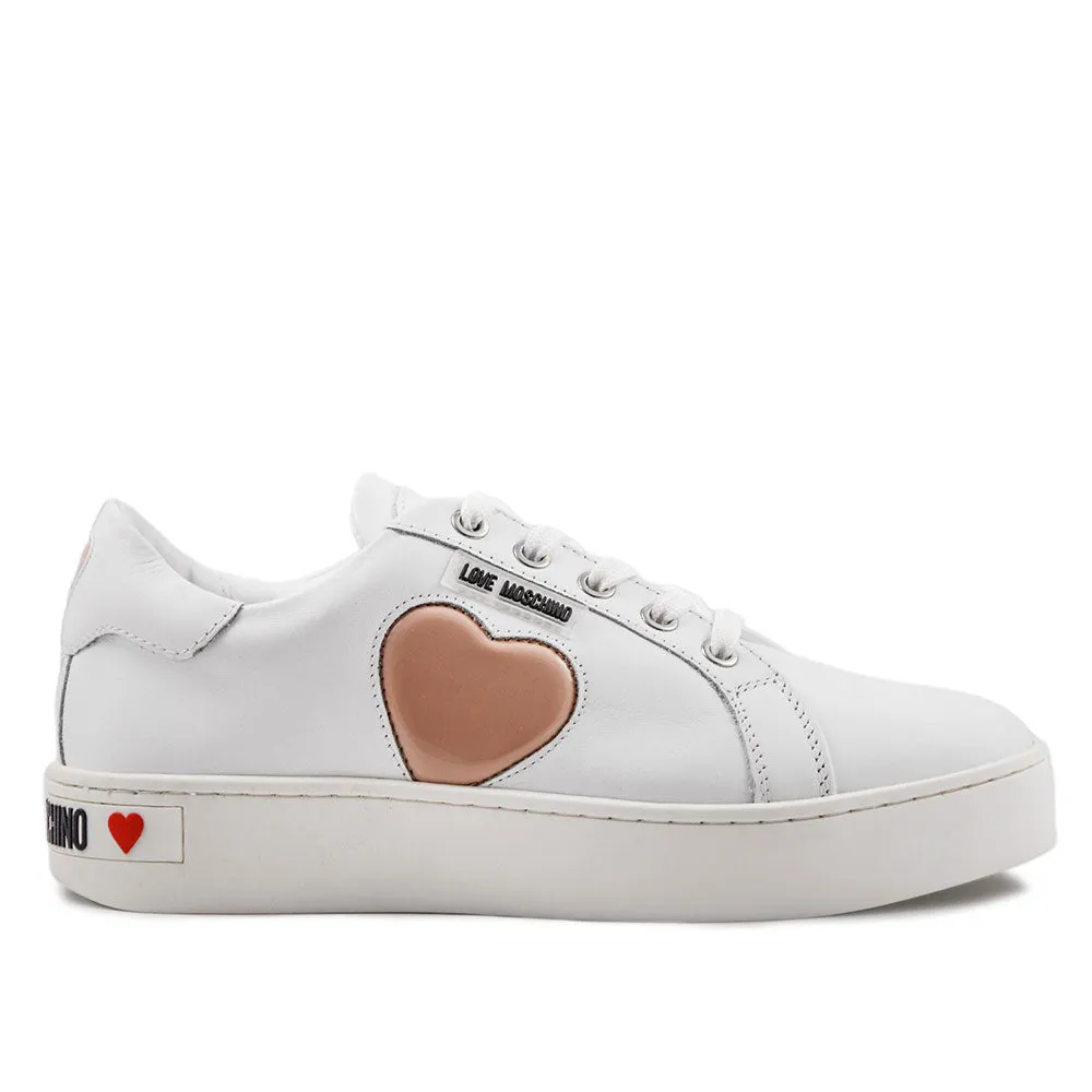 Sneakers Donna Love Moschino in Pelle Bianca con Cuore Rosa Cipria