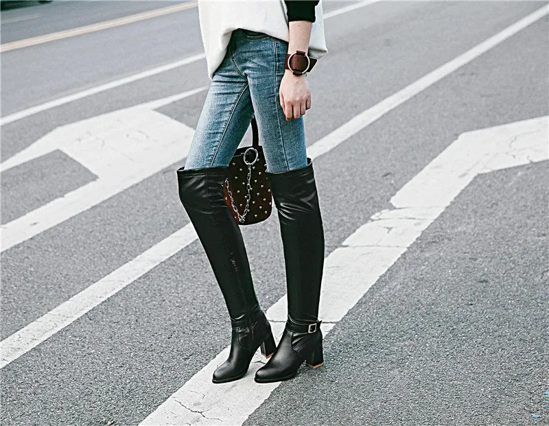 square high heels over the knee boots