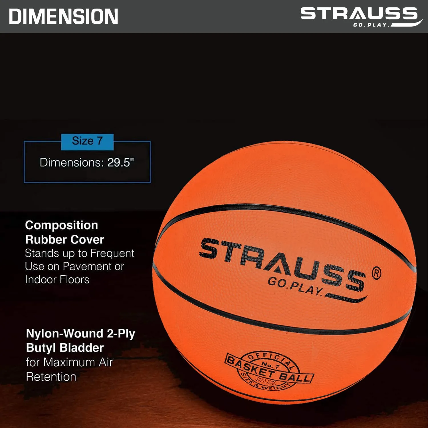 STRAUSS Zing Basketball Size 7 | Professional Basket Ball for Indoor-Outdoor Training and Match | Suitable for Hard Surface, Wooden Flooring & Synthetic Surface | for Kids and Adults