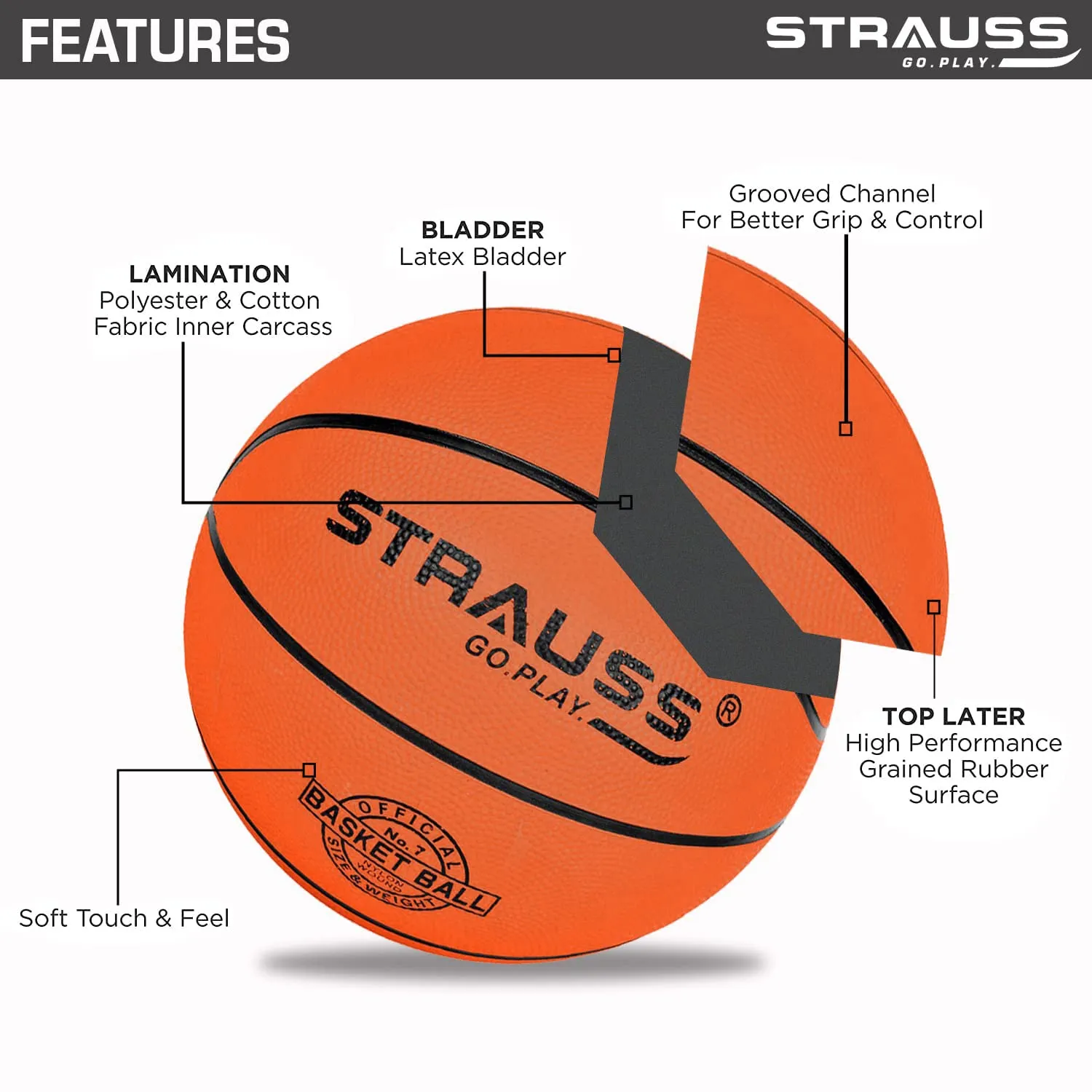 STRAUSS Zing Basketball Size 7 | Professional Basket Ball for Indoor-Outdoor Training and Match | Suitable for Hard Surface, Wooden Flooring & Synthetic Surface | for Kids and Adults