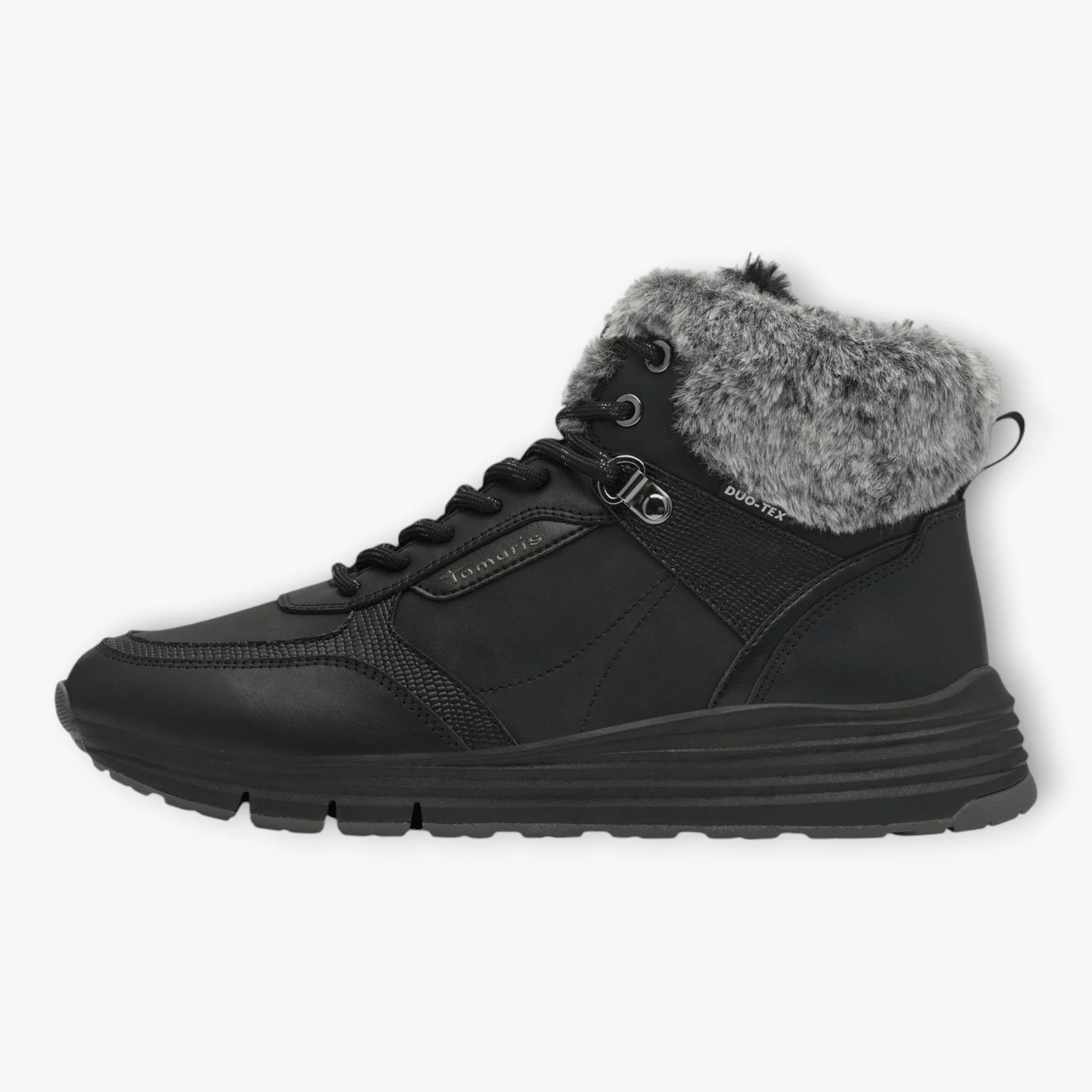 Tamaris Black Ankle Boots with Grey Fur Collar - Waterproof & Sporty Design