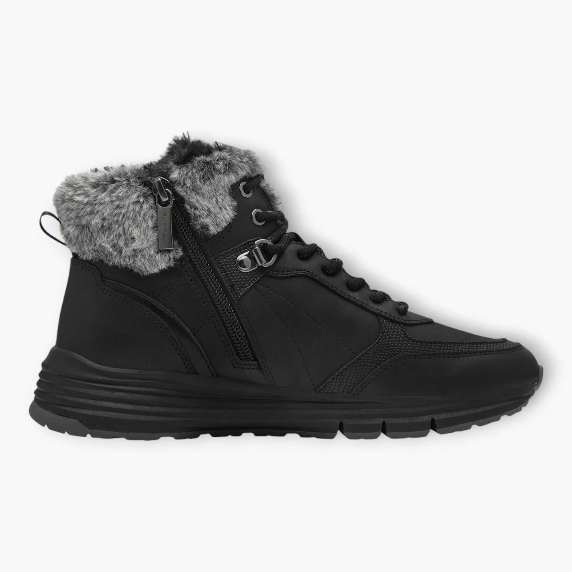 Tamaris Black Ankle Boots with Grey Fur Collar - Waterproof & Sporty Design