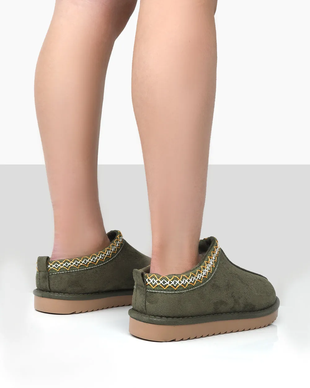 Tamsin Khaki Faux Suede Embroidered Slipper Boots