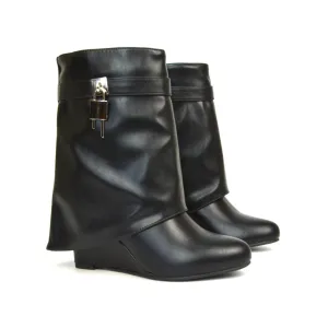 Teddy Fold Over Wedge Heel Pull On Ankle Boots in Black Synthetic Leather