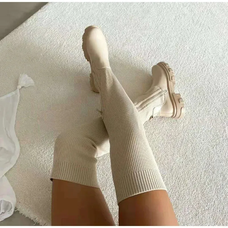 Trendy Thick Sole Knitting Thigh High Boots