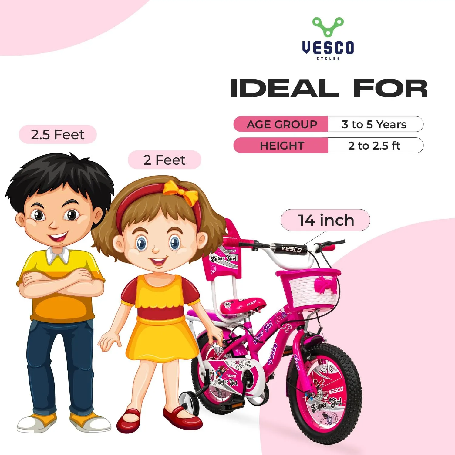 VESCO Cycles for Kids 14T Bike with Balance tyre | Freestyle Kids Street 14 Inch Bicycle for Girls Ages 3-5 Years (Pink)