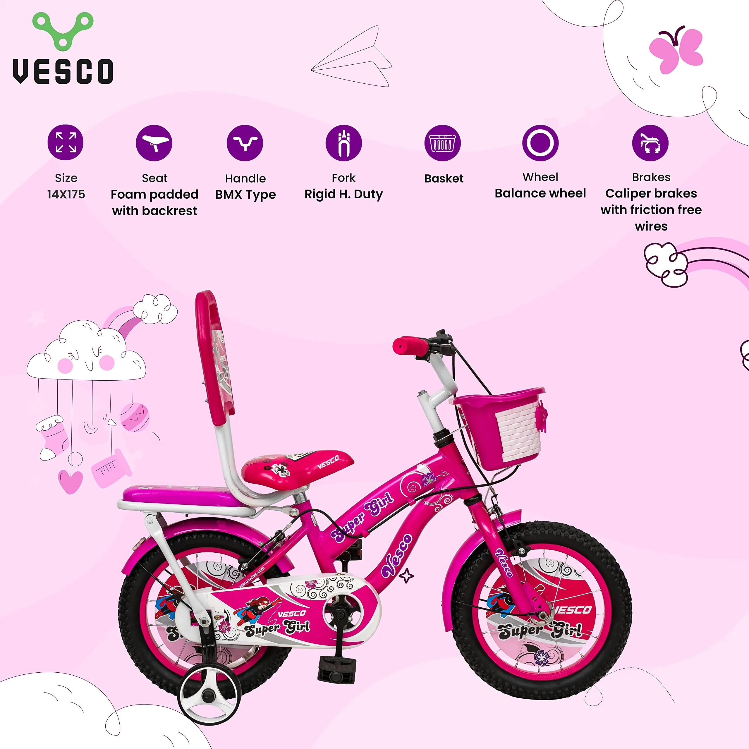 VESCO Cycles for Kids 14T Bike with Balance tyre | Freestyle Kids Street 14 Inch Bicycle for Girls Ages 3-5 Years (Pink)