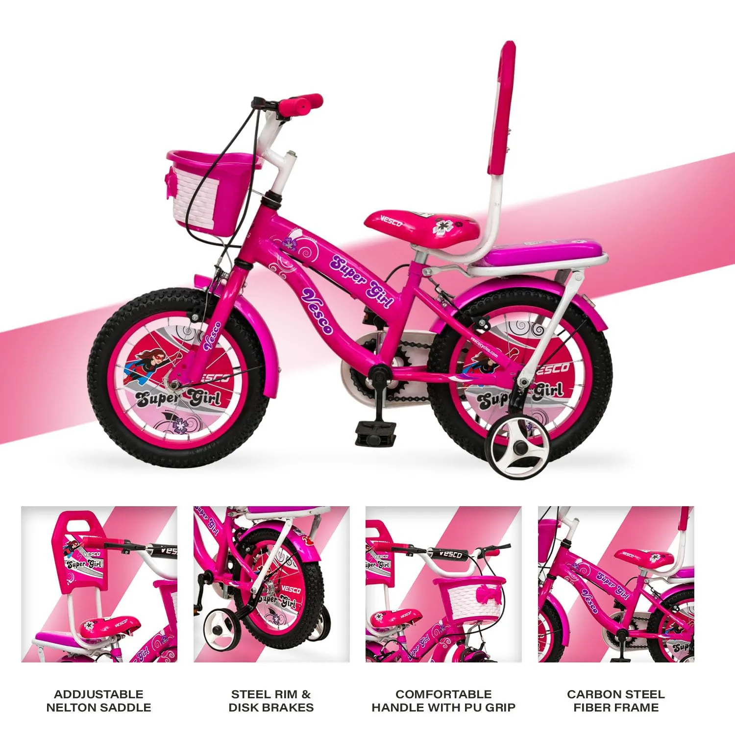 VESCO Cycles for Kids 14T Bike with Balance tyre | Freestyle Kids Street 14 Inch Bicycle for Girls Ages 3-5 Years (Pink)