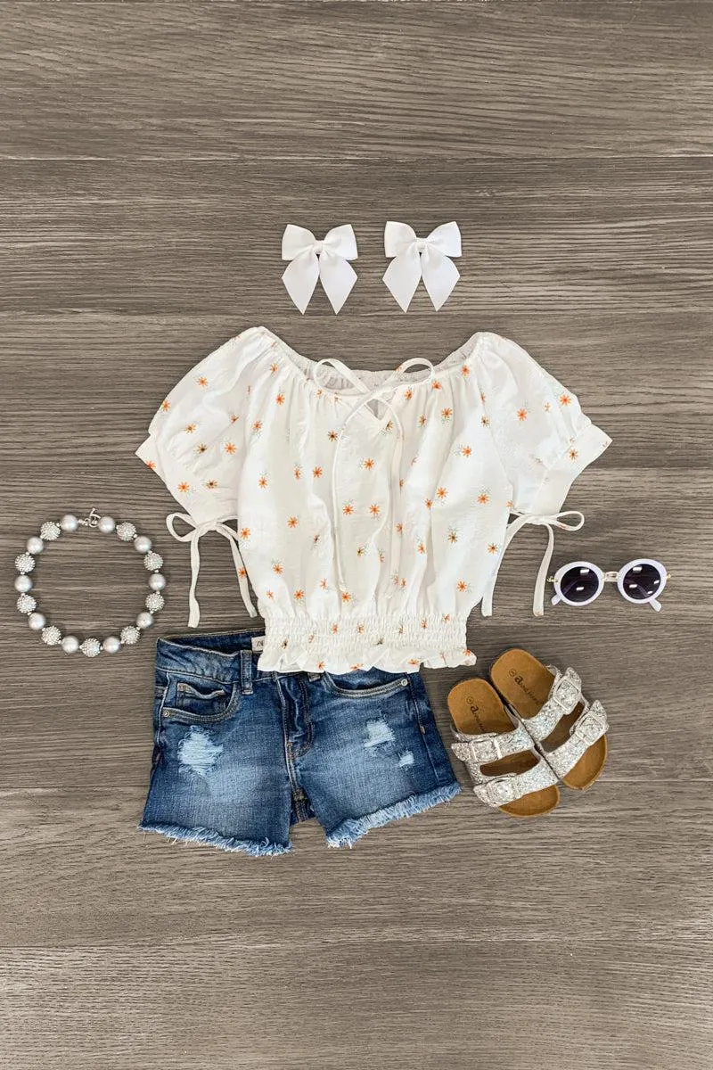 White Flower Ruched Top