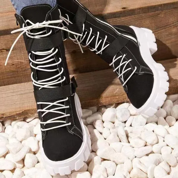 Women chunky platform lace up buckle strap mid calf motorcycle boots