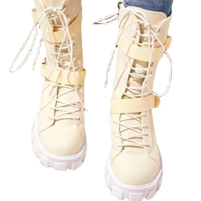 Women chunky platform lace up buckle strap mid calf motorcycle boots