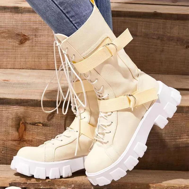 Women chunky platform lace up buckle strap mid calf motorcycle boots