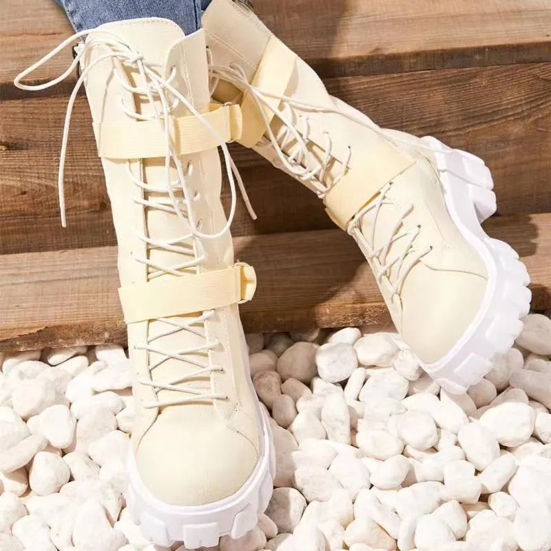 Women chunky platform lace up buckle strap mid calf motorcycle boots