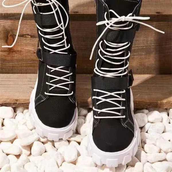 Women chunky platform lace up buckle strap mid calf motorcycle boots