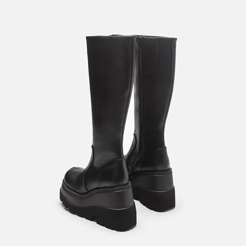 Women chunky platform motorcycle mid calf black boots