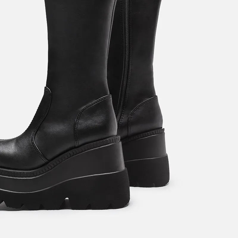 Women chunky platform motorcycle mid calf black boots