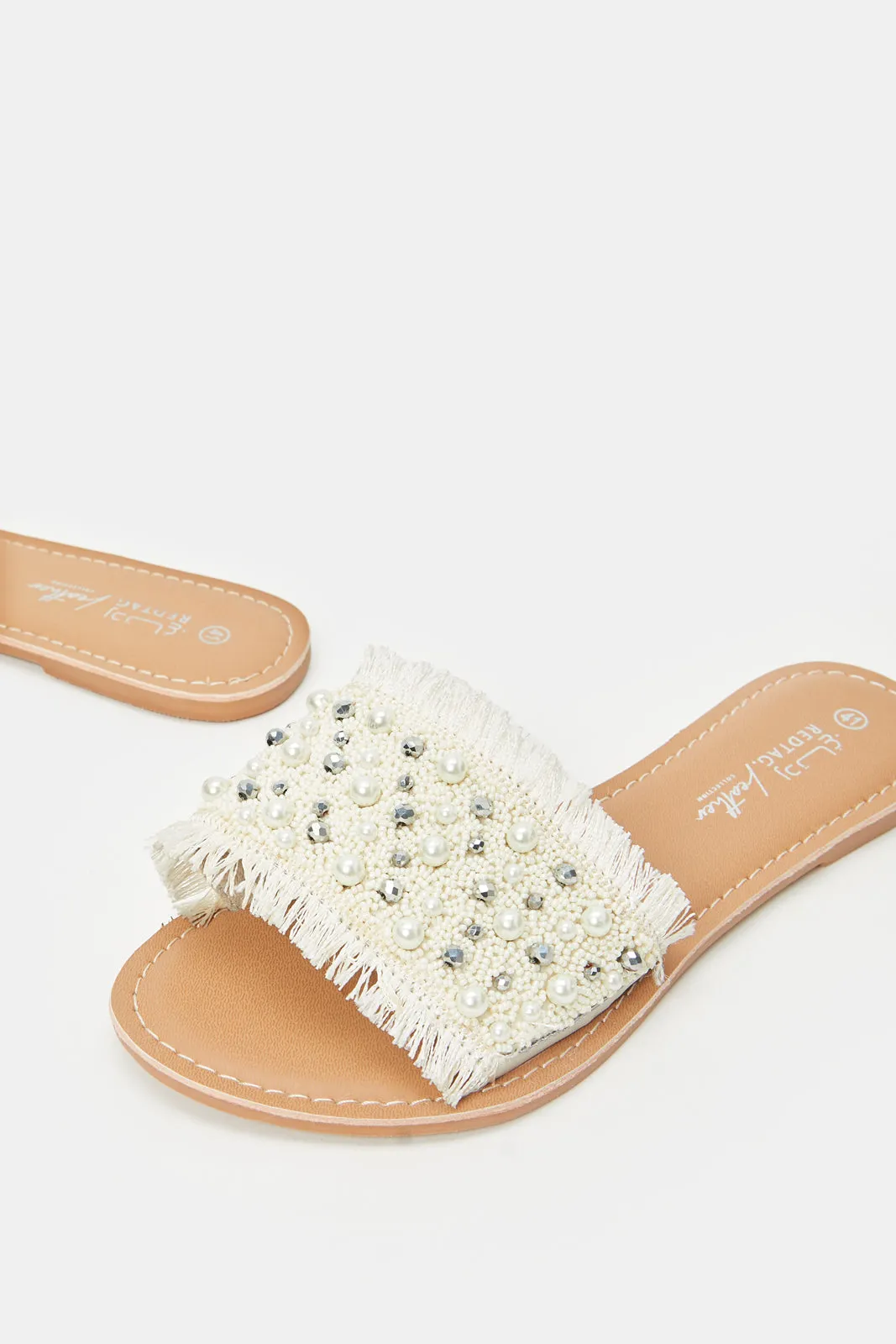 Women Ivory Pearl Trim Mule