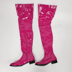 Women Over Knee Boots Shiny Patent Side Zip Low Heels