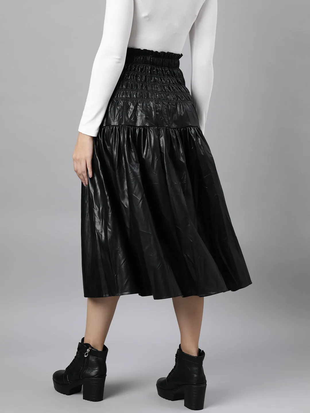 Women Solid Black Flared Midi Skirt