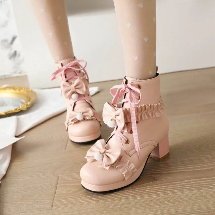 Women's Booties Lolita Lace-Up Bows Block Chunky Heel Platform Short Boots