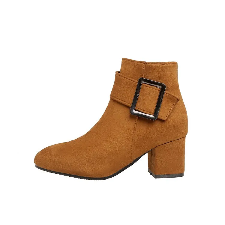 Women's Flock Buckle Zipper Block Heel Short Boots