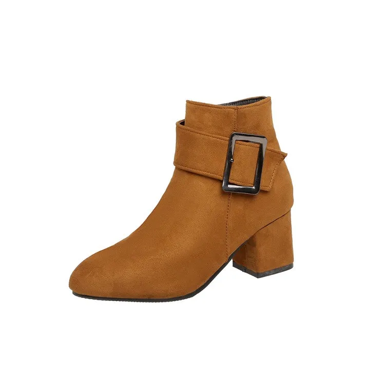 Women's Flock Buckle Zipper Block Heel Short Boots