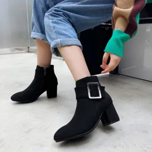 Women's Flock Buckle Zipper Block Heel Short Boots