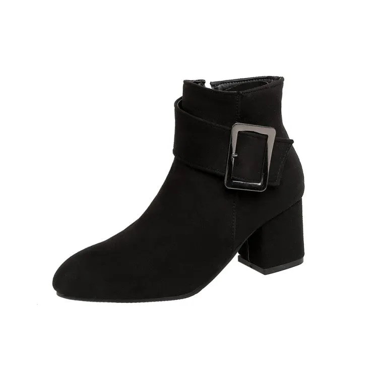 Women's Flock Buckle Zipper Block Heel Short Boots