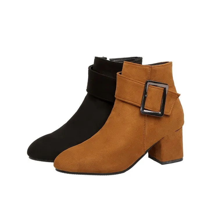 Women's Flock Buckle Zipper Block Heel Short Boots