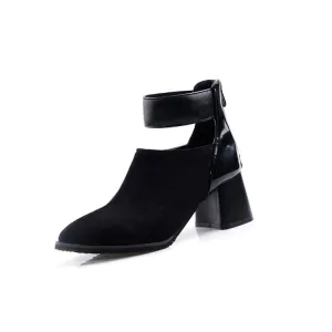 Women's Flock Patchwork Pointed Toe Block Heel Short Boots