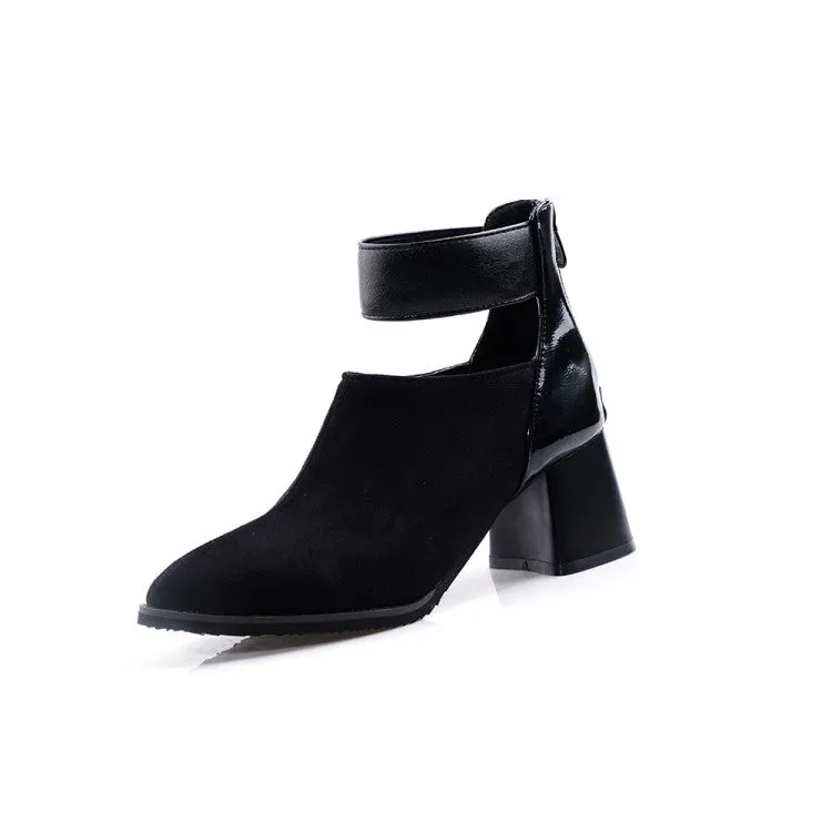 Women's Flock Patchwork Pointed Toe Block Heel Short Boots