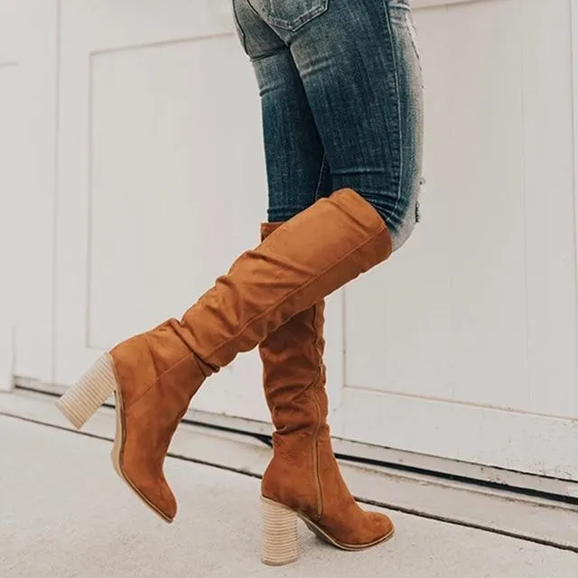 Women's knee high zipper boots chunky heel round toe fall/winter boots