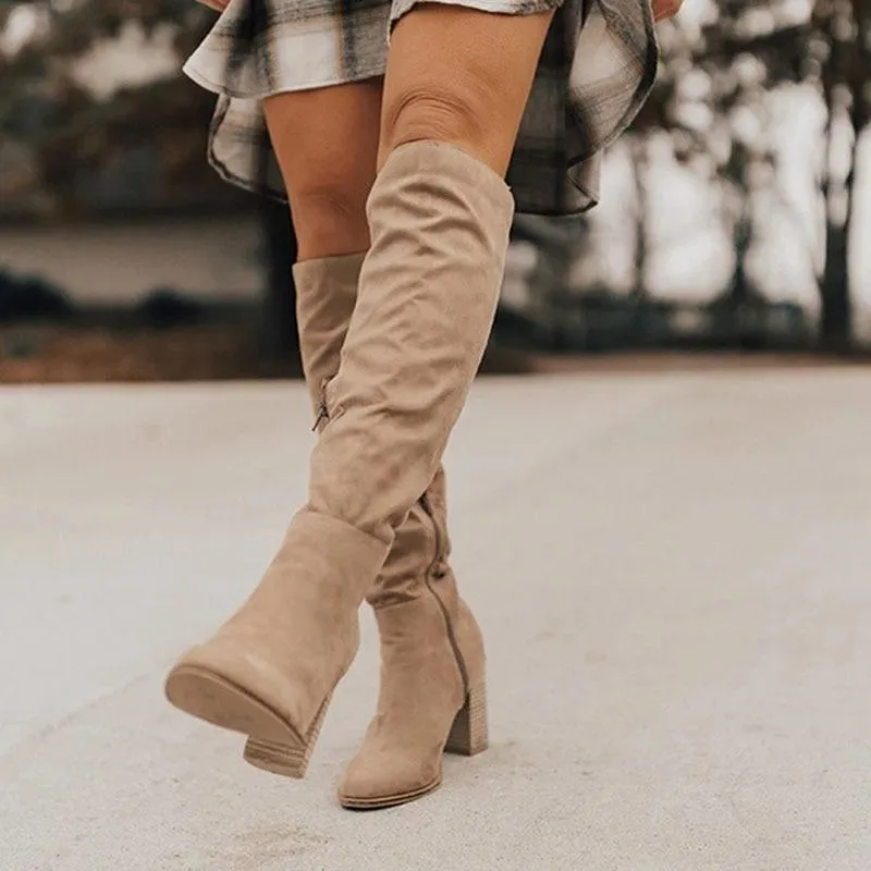 Women's knee high zipper boots chunky heel round toe fall/winter boots