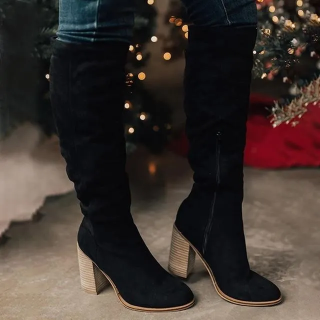 Women's knee high zipper boots chunky heel round toe fall/winter boots