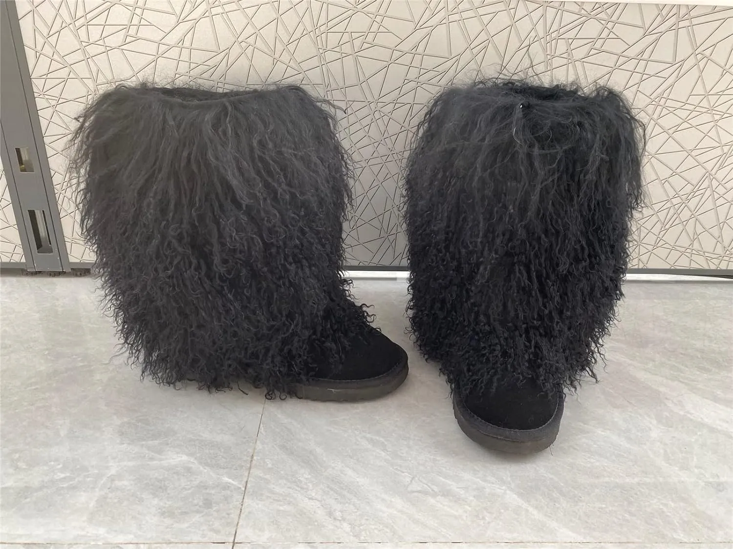 Women's Real Mongolian Sheep High Boot Fluffy Furry Wool Lining Long Curly Wool Snow Boots