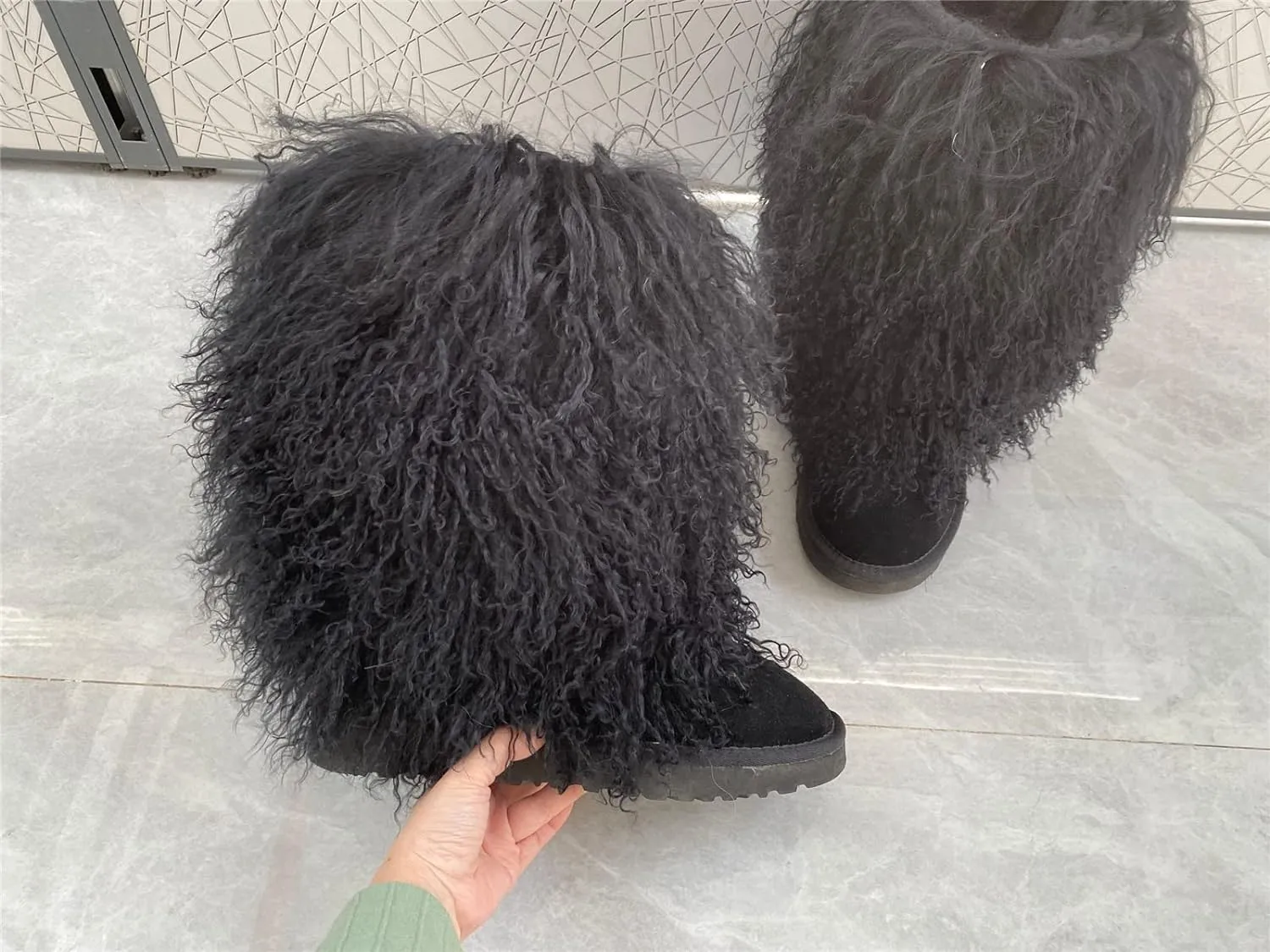 Women's Real Mongolian Sheep High Boot Fluffy Furry Wool Lining Long Curly Wool Snow Boots