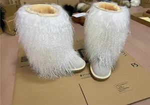 Women's Real Mongolian Sheep High Boot Fluffy Furry Wool Lining Long Curly Wool Snow Boots