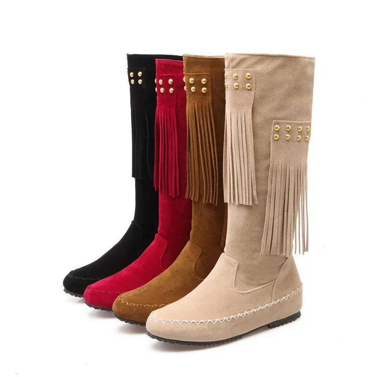 Women's Rivets Tassel Wedges Heels Tall Boots